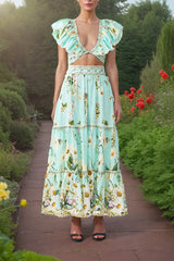 Casual Flying Sleeves Short Top And High Waist And Big skirt 2-Piece Set
