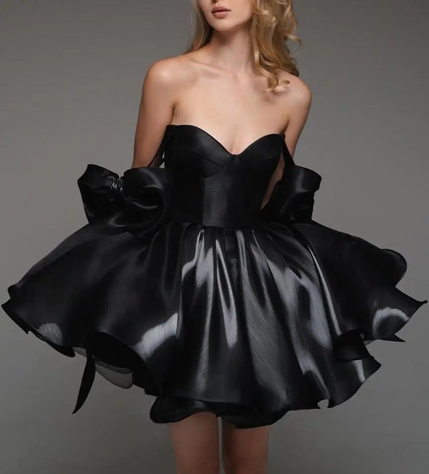 Elegant Ruffled Halter Shinny Satin Party Cocktail Party Mini Dress