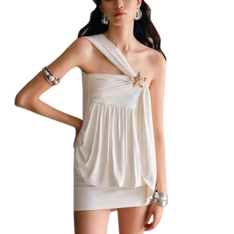 Oblique Shoulder Flower Patchwork High Waist Sleeveless Slim Club Party Dress