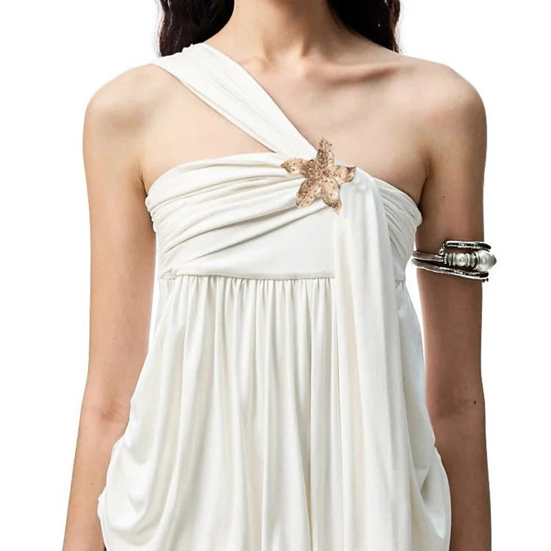 Oblique Shoulder Flower Patchwork High Waist Sleeveless Slim Club Party Dress