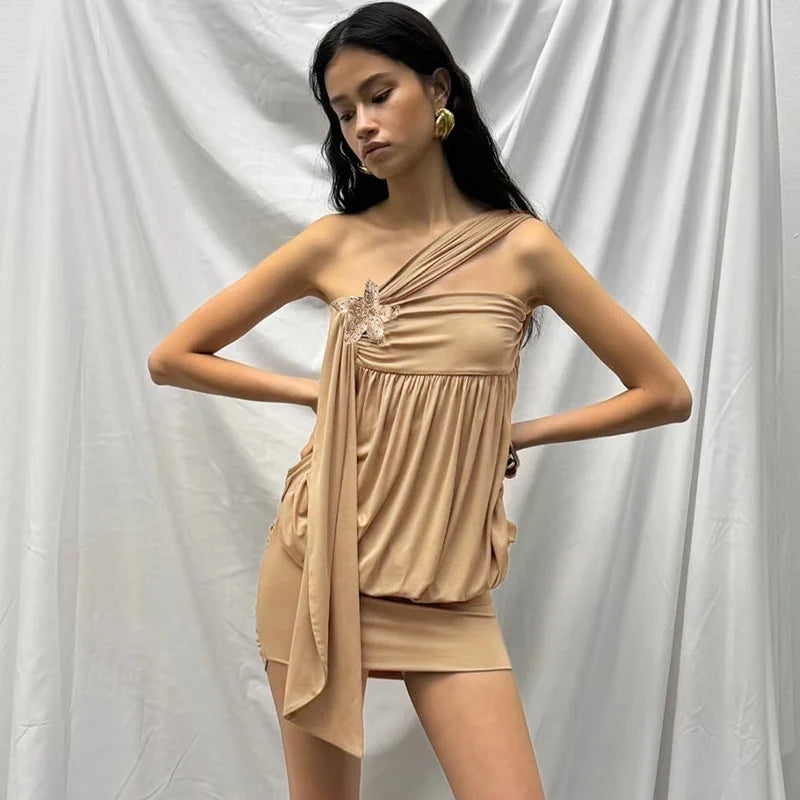 Oblique Shoulder Flower Patchwork High Waist Sleeveless Slim Club Party Dress
