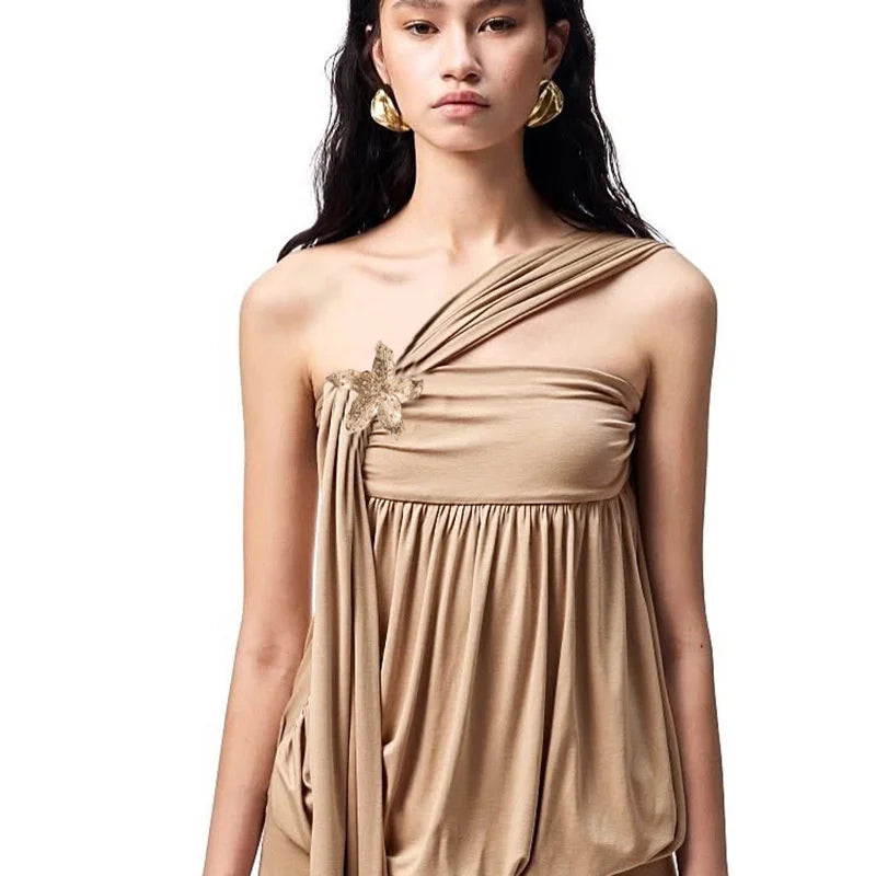 Oblique Shoulder Flower Patchwork High Waist Sleeveless Slim Club Party Dress