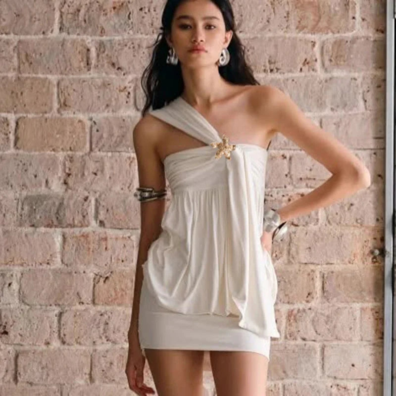 Oblique Shoulder Flower Patchwork High Waist Sleeveless Slim Club Party Dress