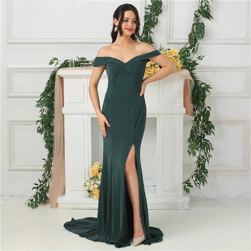 Off Shoulder Boat Neck Simple Evening Prom Dress