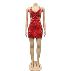 Off Shoulder Deep V Sequined Backless Night Club Dress