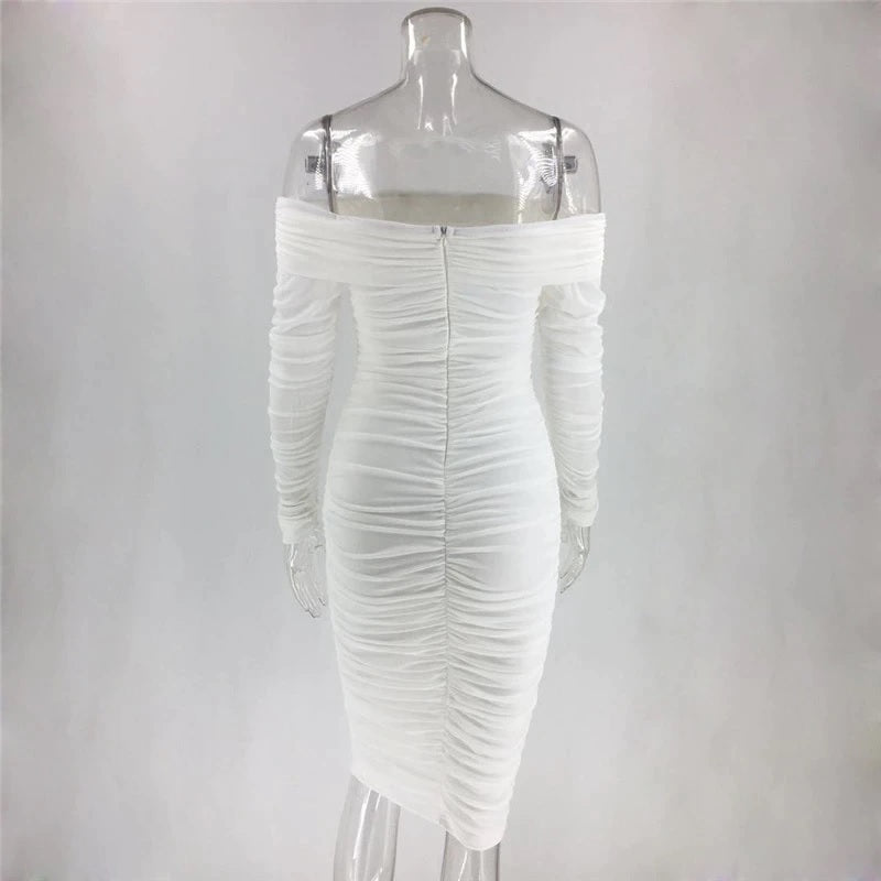 Off Shoulder Elegant Ruched Bodycon Midi Party Dresses