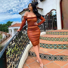 Off Shoulder Elegant Ruched Bodycon Midi Party Dresses
