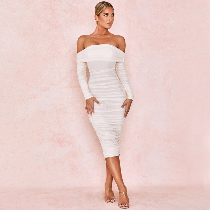 Off Shoulder Elegant Ruched Bodycon Midi Party Dresses