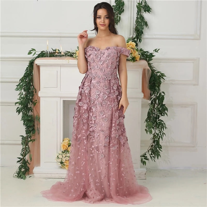 Off Shoulder Handmade Flowers Crystal Evening Dress