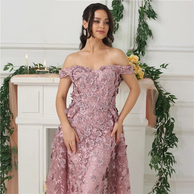 Off Shoulder Handmade Flowers Crystal Evening Dress