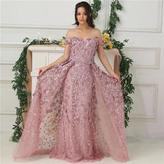 Off Shoulder Handmade Flowers Crystal Evening Dress