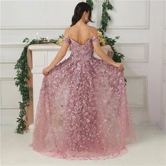 Off Shoulder Handmade Flowers Crystal Evening Dress