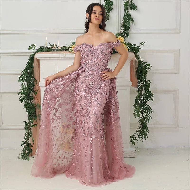 Off Shoulder Handmade Flowers Crystal Evening Dress