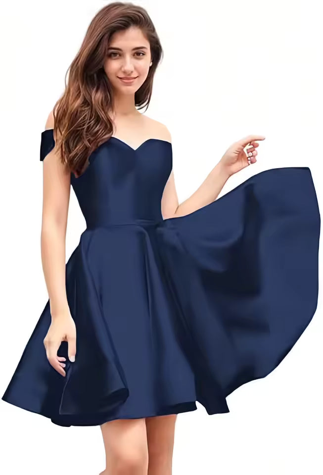 Off Shoulder Homecoming Satin Sweetheart Cocktail Party Prom Short Gown