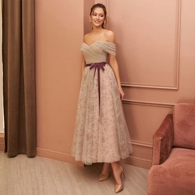 Off Shoulder Knee-Length Prom Party Evening Dress