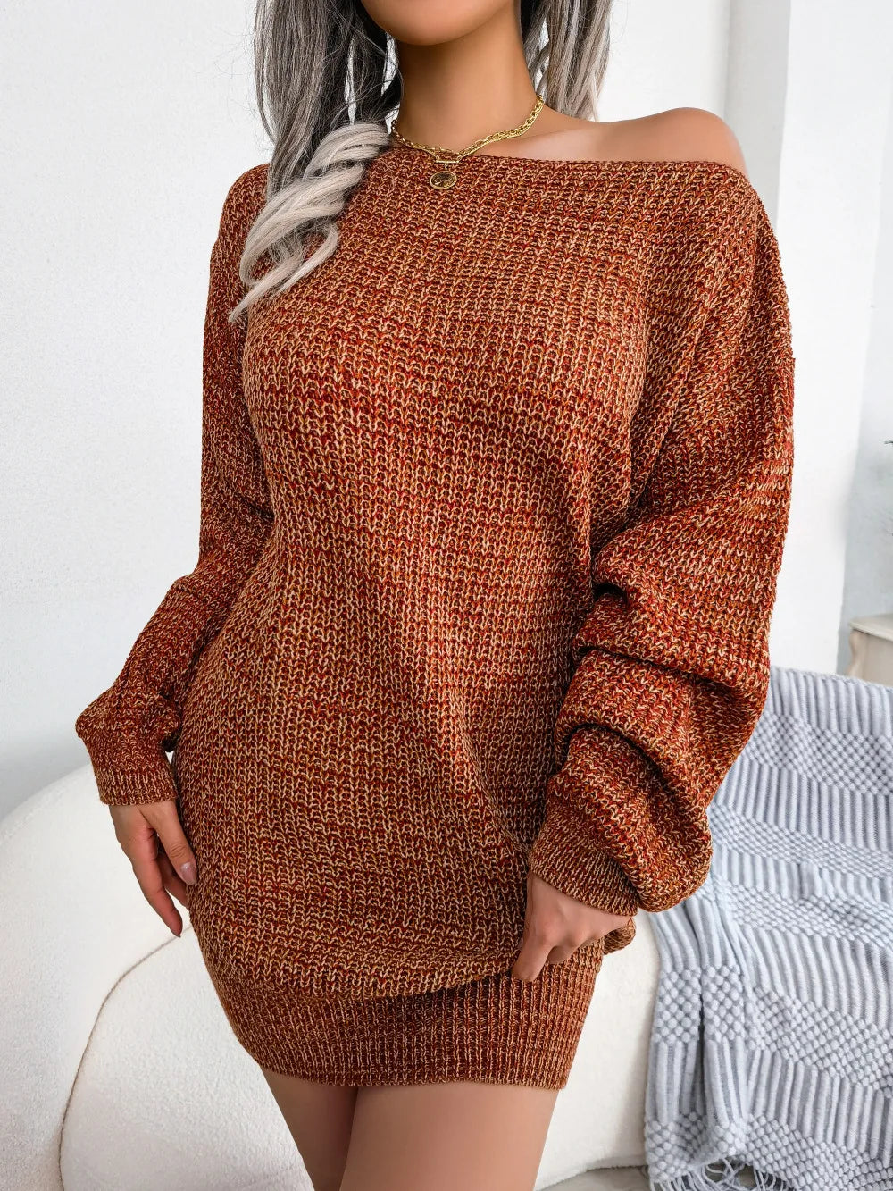 Off Shoulder Knitted Lantern Sleeve Casual Loose Pullover Mini Sweeter Dress