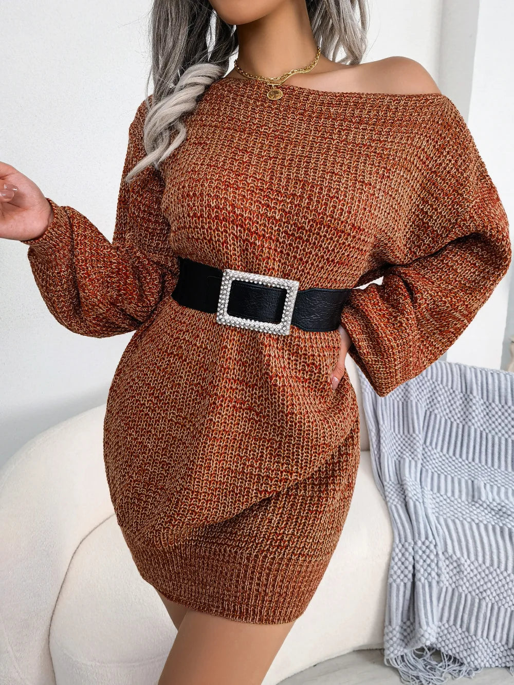 Off Shoulder Knitted Lantern Sleeve Casual Loose Pullover Mini Sweeter Dress