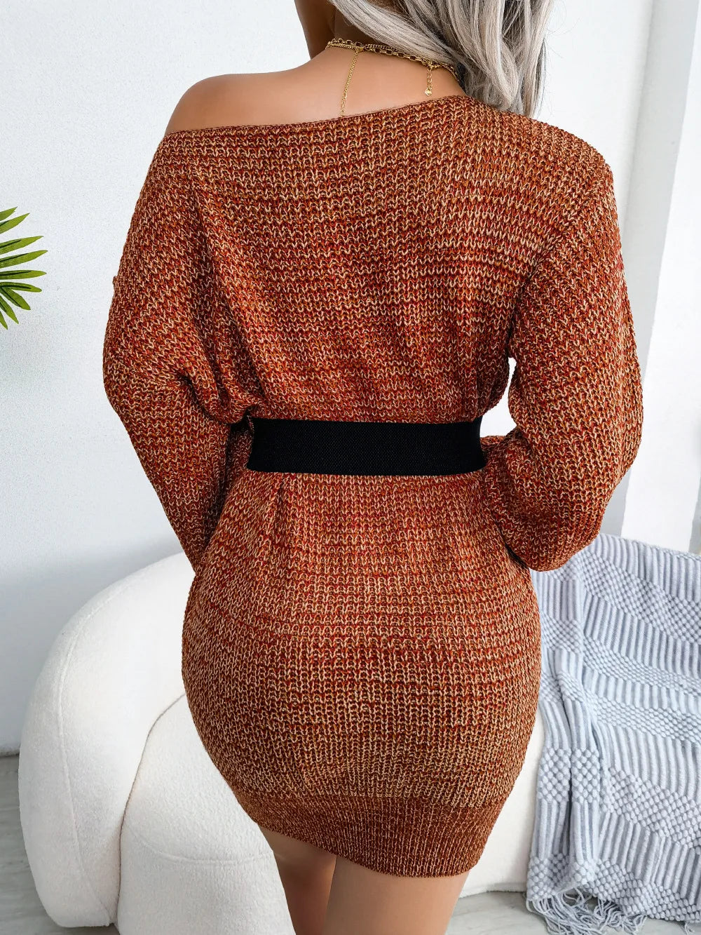 Off Shoulder Knitted Lantern Sleeve Casual Loose Pullover Mini Sweeter Dress
