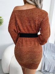 Off Shoulder Knitted Lantern Sleeve Casual Loose Pullover Mini Sweeter Dress