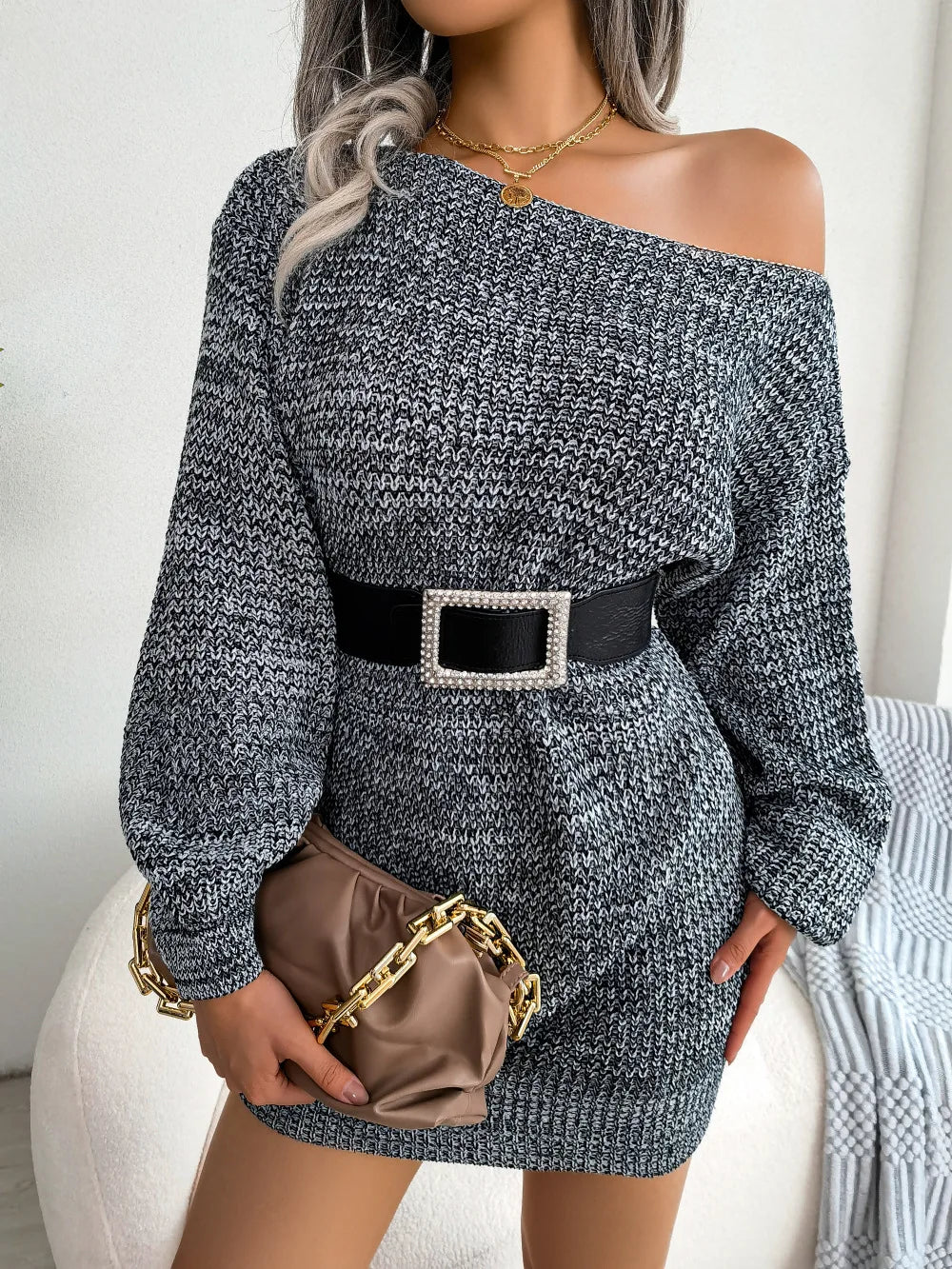 Off Shoulder Knitted Lantern Sleeve Casual Loose Pullover Mini Sweeter Dress