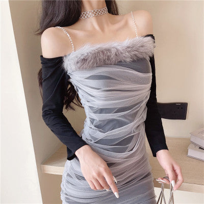 Off Shoulder Long Sleeve Mesh Dress