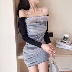 Off Shoulder Long Sleeve Mesh Dress