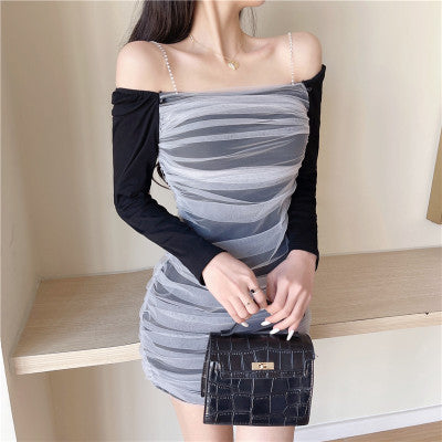 Off Shoulder Long Sleeve Mesh Dress