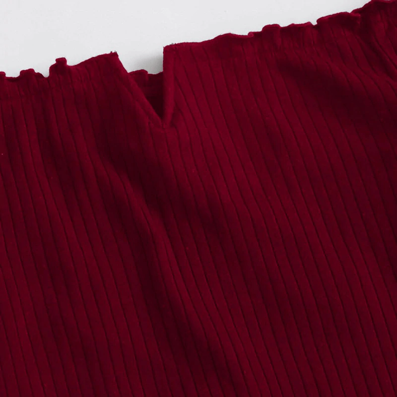 Off Shoulder Notched Neck Lettuce Trim Rib-knit Pencil Dress
