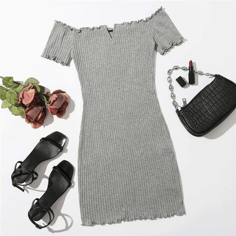 Off Shoulder Notched Neck Lettuce Trim Rib-knit Pencil Dress
