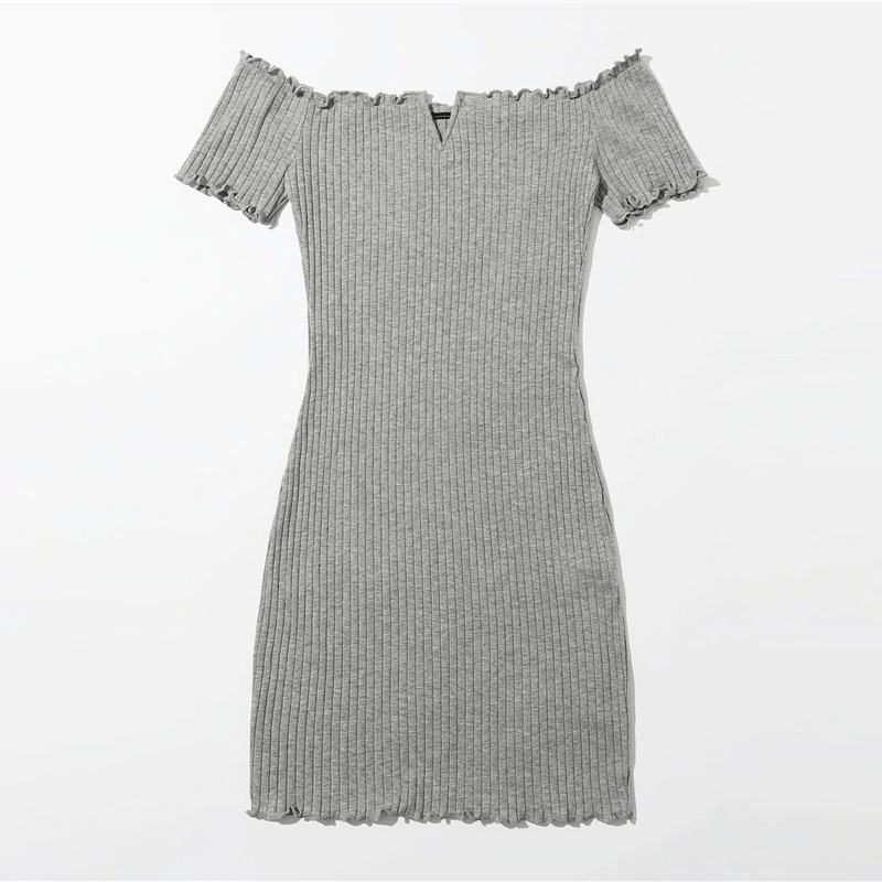 Off Shoulder Notched Neck Lettuce Trim Rib-knit Pencil Dress