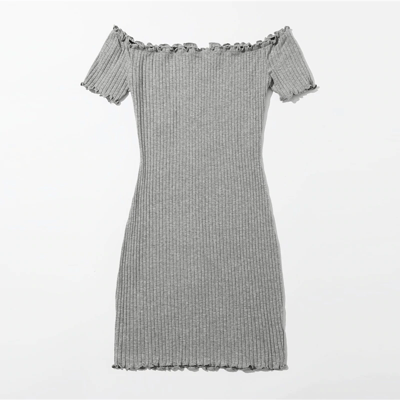 Off Shoulder Notched Neck Lettuce Trim Rib-knit Pencil Dress