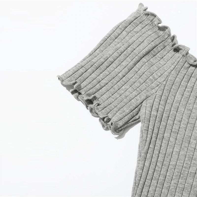 Off Shoulder Notched Neck Lettuce Trim Rib-knit Pencil Dress