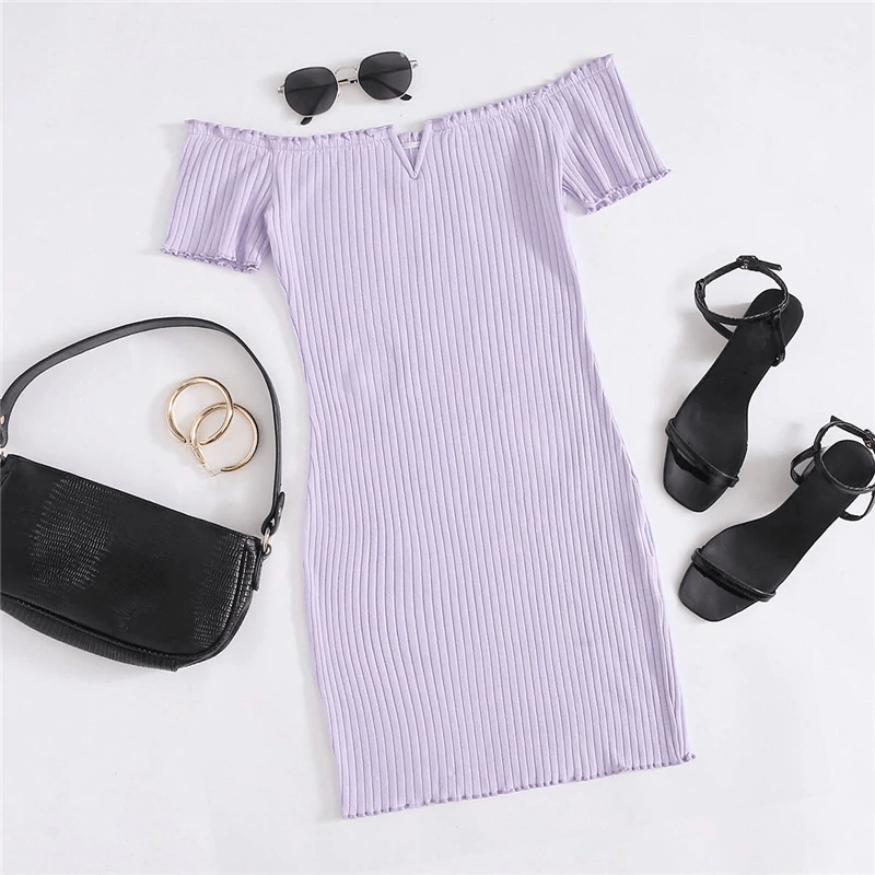 Off Shoulder Notched Neck Lettuce Trim Rib-knit Pencil Dress