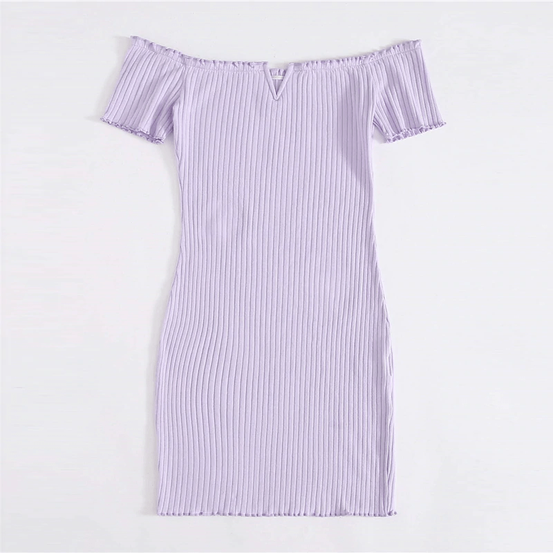 Off Shoulder Notched Neck Lettuce Trim Rib-knit Pencil Dress