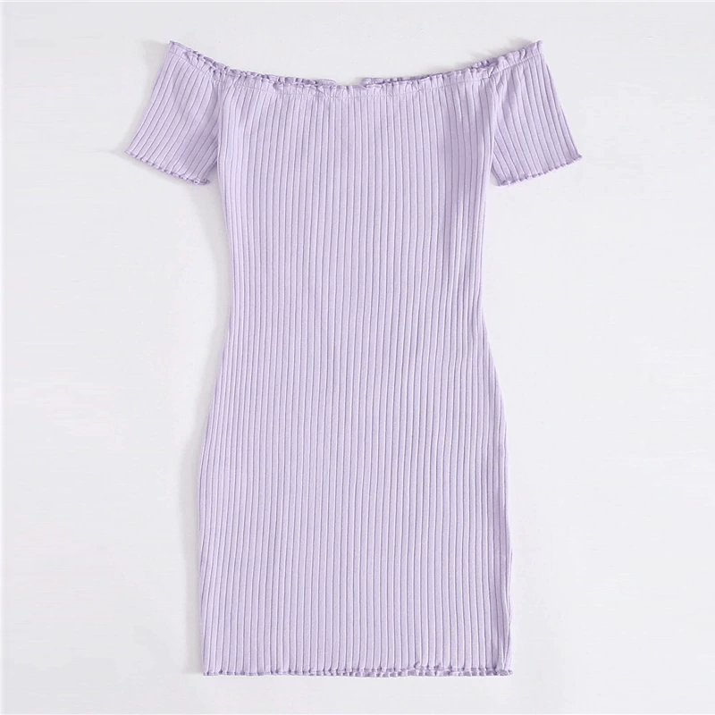 Off Shoulder Notched Neck Lettuce Trim Rib-knit Pencil Dress