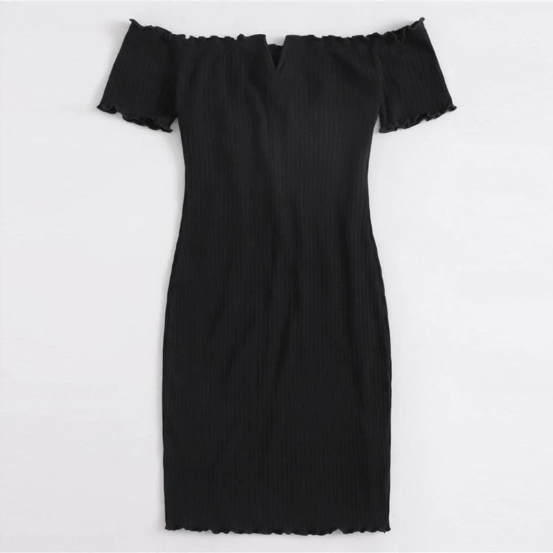 Off Shoulder Notched Neck Lettuce Trim Rib-knit Pencil Dress