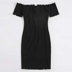 Off Shoulder Notched Neck Lettuce Trim Rib-knit Pencil Dress