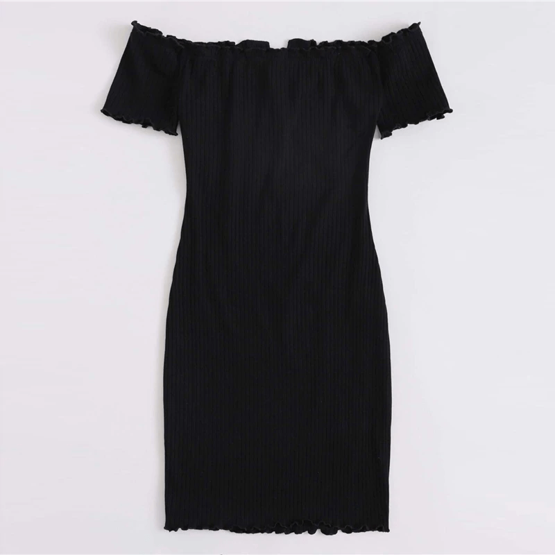 Off Shoulder Notched Neck Lettuce Trim Rib-knit Pencil Dress