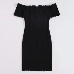 Off Shoulder Notched Neck Lettuce Trim Rib-knit Pencil Dress