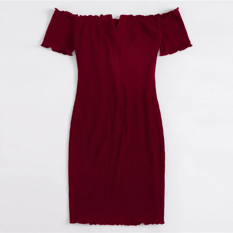 Off Shoulder Notched Neck Lettuce Trim Rib-knit Pencil Dress