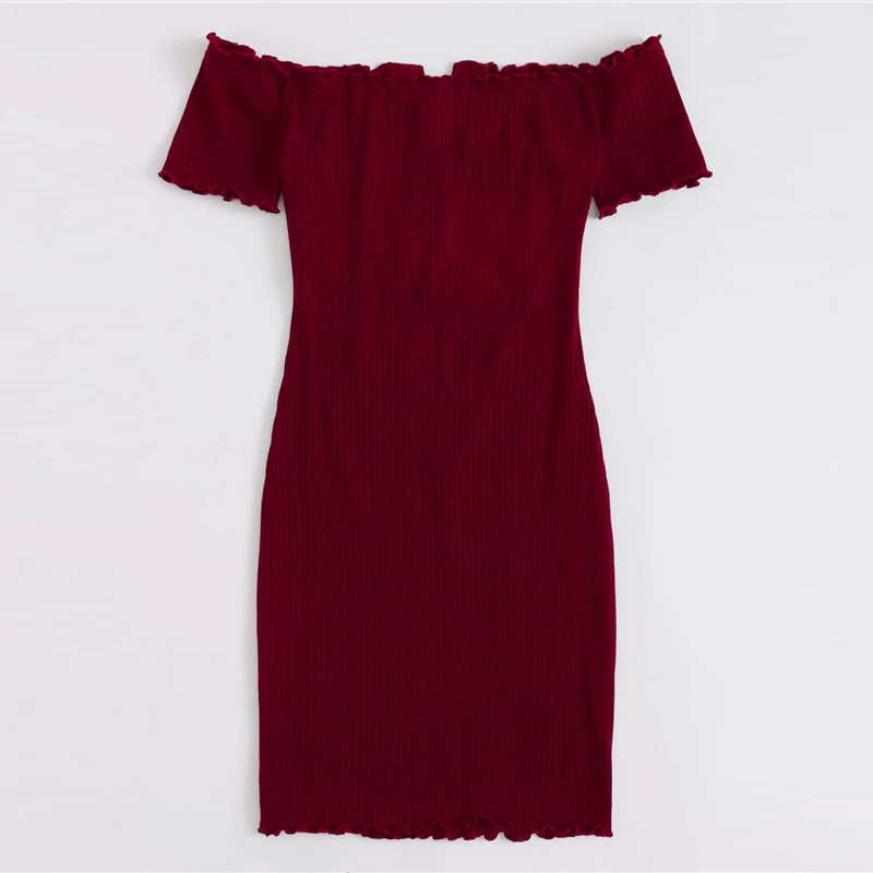 Off Shoulder Notched Neck Lettuce Trim Rib-knit Pencil Dress
