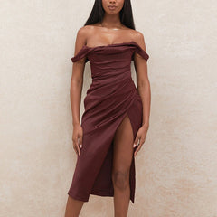 Off Shoulder Ruched Split Evening Party Club Dresses