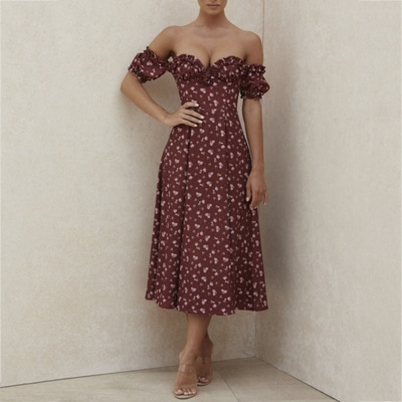 Off Shoulder Ruffles Backless Split Long Maxi Dress