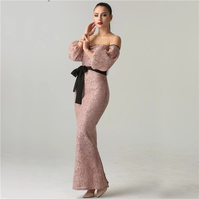 Off Shoulder Half Sleeves Evening Dresses