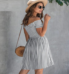 Casual Striped Off Shoulder Short Sleeve Striped Mini Dress