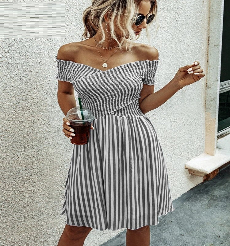 Casual Striped Off Shoulder Short Sleeve Striped Mini Dress