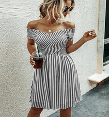 Casual Striped Off Shoulder Short Sleeve Striped Mini Dress