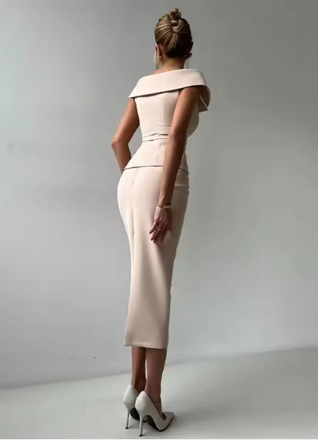 Off Shoulder Slim Double Breasted Belted Top Long Hip Package Skirt 2 Piece Set