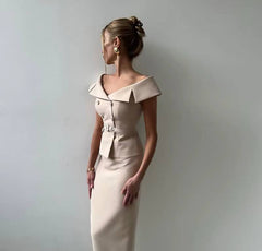 Off Shoulder Slim Double Breasted Belted Top Long Hip Package Skirt 2 Piece Set