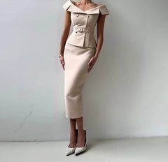 Off Shoulder Slim Double Breasted Belted Top Long Hip Package Skirt 2 Piece Set